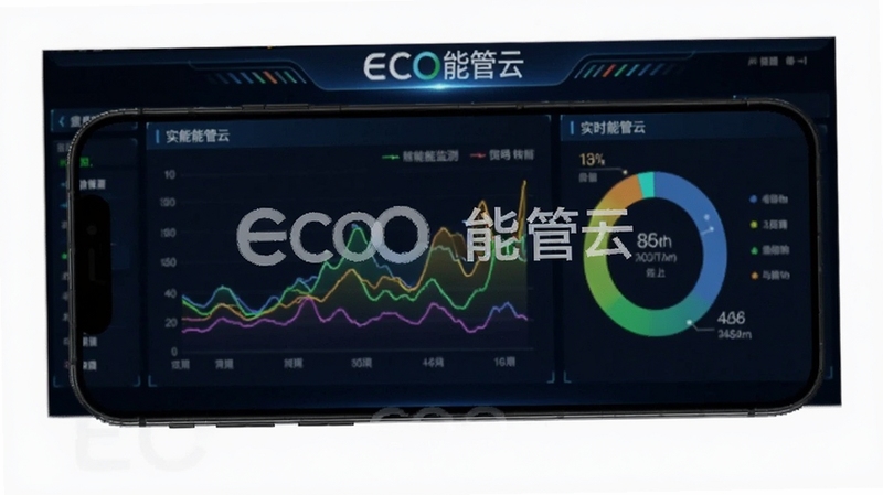 ECO能管云 实时能耗监测界面,手机屏幕显示彩色能耗折线图与环形占比图,背景为深色数据大屏风格,画面带有ECO能管云字样水印,科技感强烈