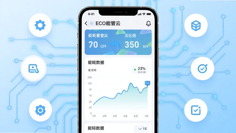 ECO能管云 应用主界面概览,画面中央展示手机屏幕内能耗数据看板与折线图,背景为浅蓝色科技感渐变,四周环绕简约图标元素,整体风格清爽专业,适配Boogu模型生成