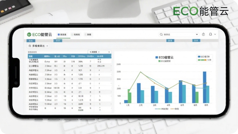 ECO能管云 多维度报表导出界面,手机屏幕展示表格与柱状图组合,背景为白色办公桌面,画面带有ECO能管云字样,风格简洁商务