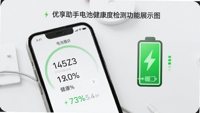 优享助手电池健康度检测功能展示图,画面中一部手机屏幕显示电池循环次数与健康百分比数据,旁边有绿色电池图标与充电状态指示,背景为浅灰色简约风格,突出数据清晰可读的视觉效果