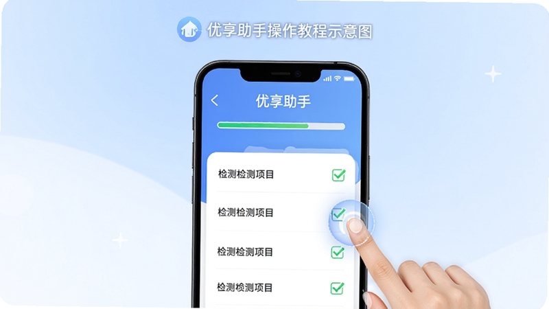 优享助手操作教程示意图,画面展示一部手机正在运行优享助手检测流程,屏幕上有进度条与各项检测项目勾选状态,背景为柔和的蓝白渐变,周围有手指点击操作的示意元素,整体风格清新直观