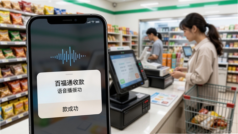 百福通收款语音播报功能展示,画面主体为手机屏幕弹出收款成功提示与声波图标,背景为繁忙的便利店收银台,细节包括商品货架与顾客模糊身影,整体风格写实明亮