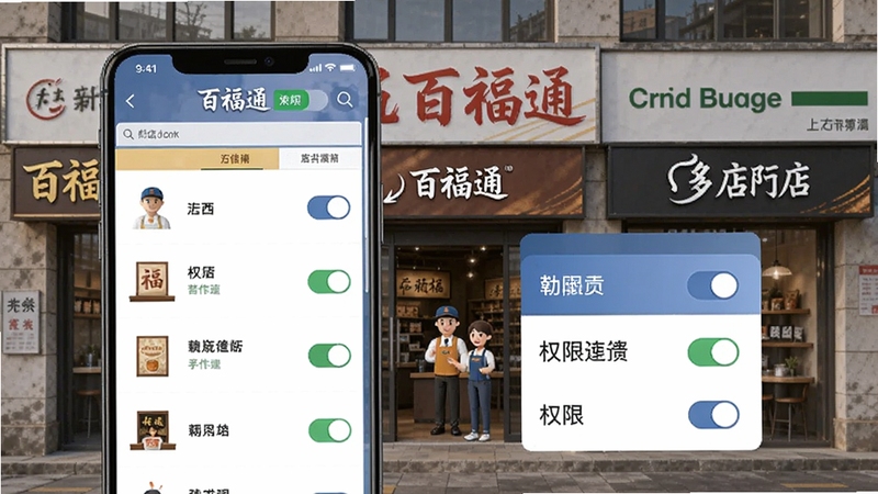 百福通多门店管理功能示意图,画面主体为手机屏幕展示门店列表与权限开关,背景为连锁店铺外观,细节包括不同门店招牌与员工图标,整体风格简洁商务