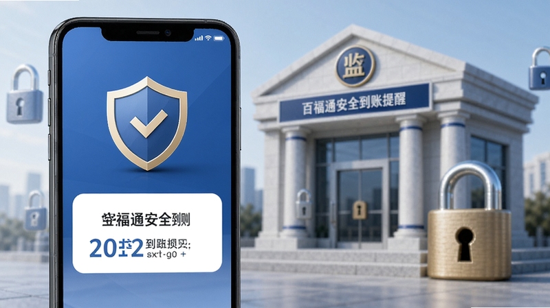 百福通安全到账提醒界面,画面中手机屏幕显示盾牌图标与到账通知,背景为银行建筑与安全锁元素,整体色调稳重可靠,适配Boogu模型生成
