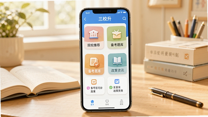 三校升软件主界面全貌展示,画面中央为手机屏幕,屏幕内显示三校升应用首页,包含院校推荐、备考题库、政策资讯等模块图标,背景为明亮的学习场景,书桌上有书本和文具,整体色调清新温暖,适配Boogu模型生成