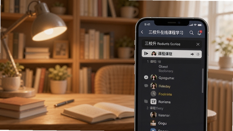 三校升在线课程学习界面,手机屏幕显示视频播放器和课程目录,背景为温馨的书房环境,画面柔和舒适,适配Boogu模型生成