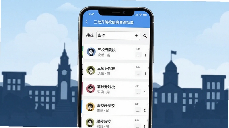 三校升院校信息查询功能界面,手机屏幕显示院校列表和筛选条件,背景为校园建筑剪影,画面简洁明快,突出查询功能,适配Boogu模型生成