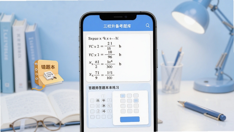 三校升备考题库练习界面,手机屏幕展示数学选择题和答题卡,旁边有错题本图标,背景为淡蓝色学习氛围,画面清晰整洁,适配Boogu模型生成