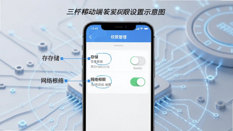 三校升移动端安装权限设置示意图,手机屏幕显示权限管理页面,标注存储和网络权限开关,背景为简洁的科技风格,适配Boogu模型生成