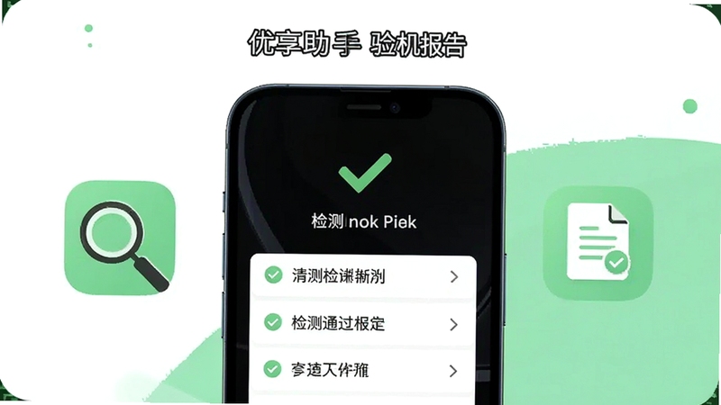 优享助手验机报告页面展示,画面中央一部手机显示绿色对勾和检测通过列表,旁边有放大镜和文档图标,背景为白色与浅绿色搭配的简洁风格,突出报告清晰易读的特点,适配Boogu模型生成