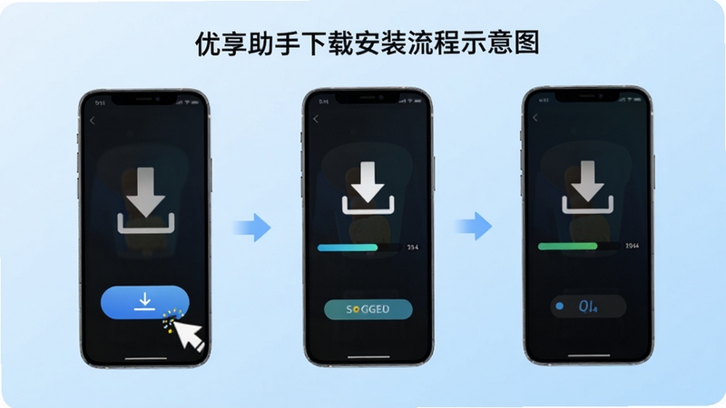优享助手下载安装流程示意图,画面展示一部手机从点击下载按钮到安装完成的三个步骤,界面简洁清晰,背景为浅蓝色渐变,带有下载箭头和进度条元素,适配Boogu模型生成