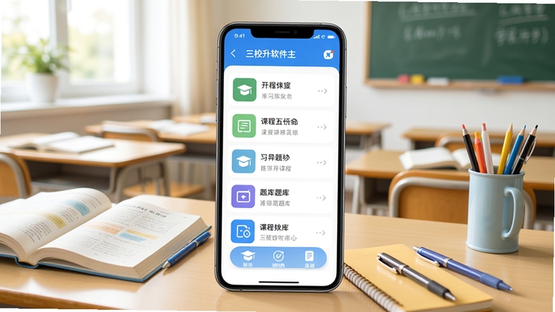 三校升软件主界面展示,画面中央为手机屏幕内呈现课程列表与题库入口,背景为明亮的教室场景,书桌上摆放课本与文具,整体色调清新积极,突出学习氛围与升学主题