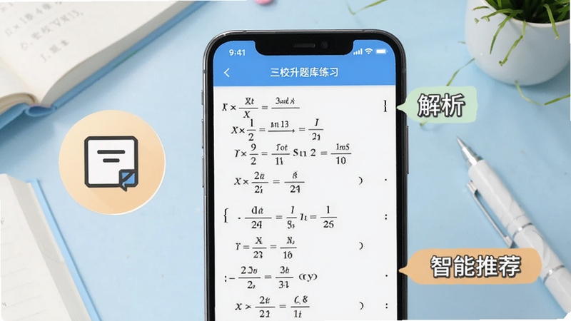 三校升题库练习界面,手机屏幕显示数学真题与解析步骤,旁边有错题本图标和智能推荐标签,背景为淡蓝色学习桌面,画面简洁清晰,体现数字化学习场景