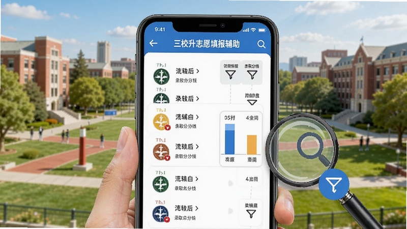 三校升志愿填报辅助界面,手机屏幕展示院校列表与录取分数线对比图,画面中有放大镜和筛选图标,背景为校园全景,色彩明亮,体现信息查询与决策辅助功能
