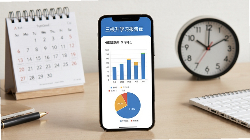 三校升学习报告页面,手机屏幕显示柱状图与饼图统计做题正确率和学习时长,背景为简约办公桌面,有日历和时钟元素,突出时间管理与数据追踪
