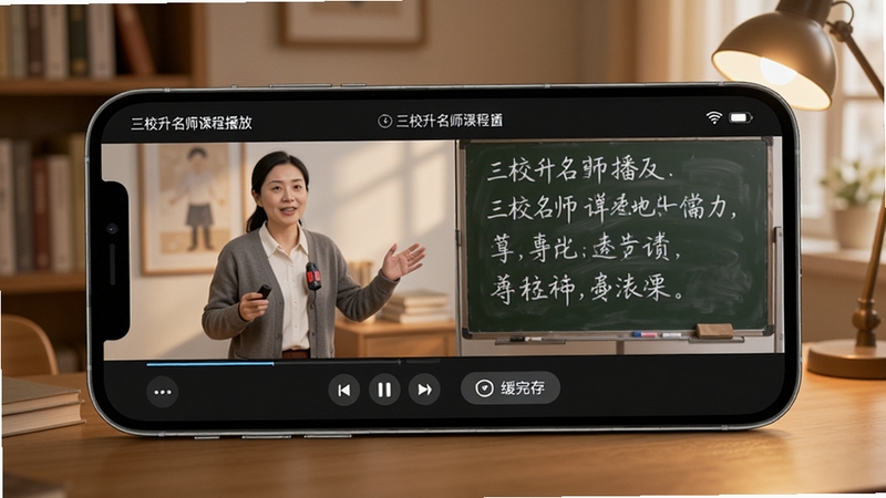 三校升名师课程播放页面,手机横屏展示老师讲课画面与板书内容,屏幕下方有倍速播放和缓存按钮,背景为温馨的书房环境,光线柔和,突出在线学习的便捷性