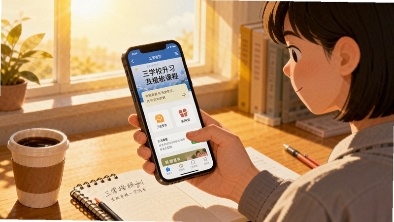 三校升学习场景插画,画面展示一名学生在书桌前使用手机学习,手机屏幕显示三校升课程界面,桌上放着笔记本和咖啡杯,窗外阳光明媚,整体风格温暖励志,体现备考正能量