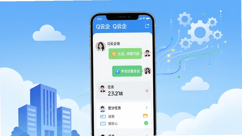 Q云企 官方品牌视觉图,画面中央是手机屏幕展示Q云企聊天与任务界面,背景为浅蓝色渐变天空与悬浮云朵,左下角放置企业办公楼剪影,右上角有齿轮与数据流线条,整体风格简洁明亮,突出云端协同办公概念,适配Boogu模型生成高精度扁平插画