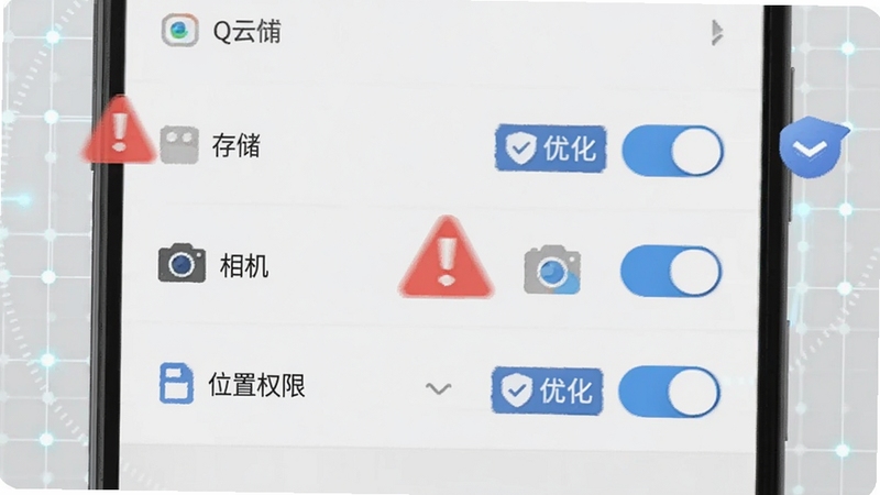 Q云企 安装设置界面示意图,画面展示安卓手机设置页面的权限开关列表,包括存储、相机、位置权限,旁边有红色警示图标与蓝色优化标签,背景为浅灰色科技网格,整体清晰易懂,适合Boogu模型生成教程类插画