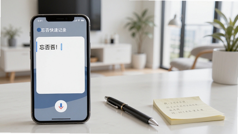 忘否快速记录功能界面图,画面主体为手机屏幕显示文字输入框与语音按钮,背景为现代简约风格的室内环境,桌面上有一支笔和一张便签纸,整体色调明亮舒适