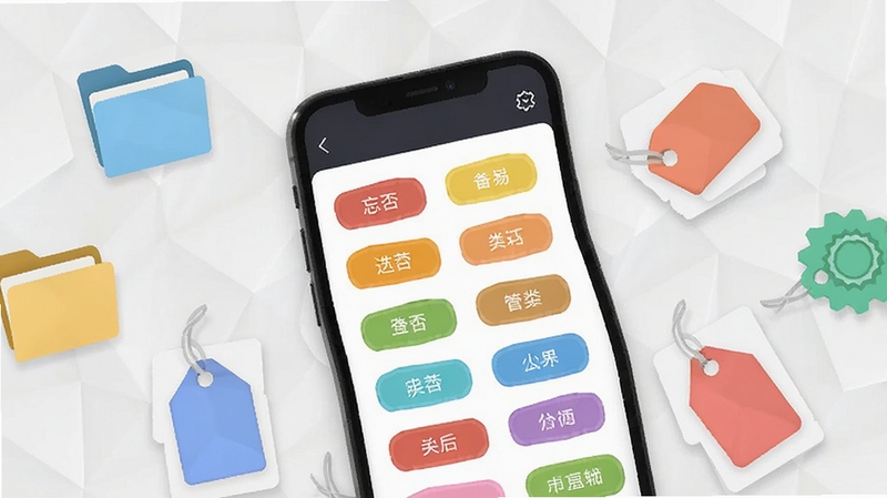 忘否分类管理界面展示图,画面主体为手机屏幕显示彩色标签分类列表,背景为淡灰色几何纹理,周围散布文件夹与标签图标,整体风格干净利落