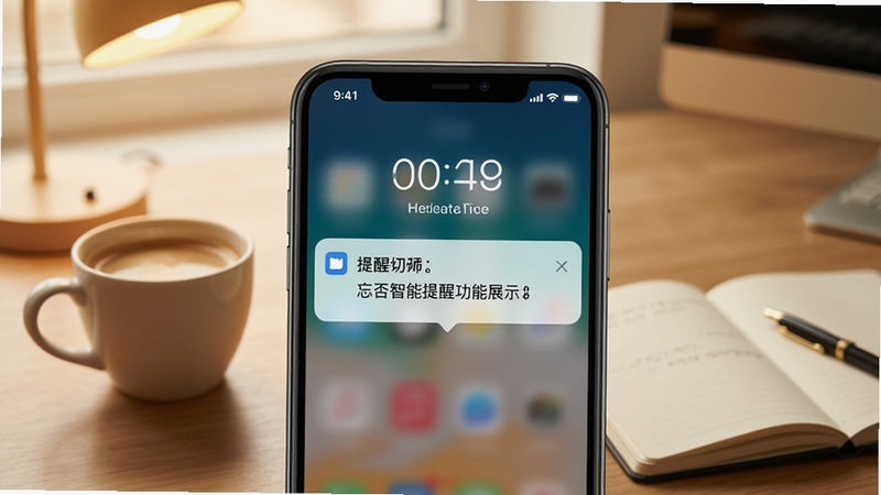 忘否智能提醒功能展示图,画面主体为手机屏幕弹出通知提醒的界面,屏幕上方显示时间与提醒内容,背景为温馨的暖色调办公桌面场景,桌上放置一杯咖啡和一本笔记本,整体氛围轻松自然