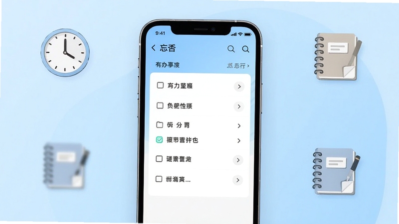 忘否软件主界面全貌展示,画面主体为一部智能手机屏幕,屏幕中央显示忘否应用的待办事项列表界面,背景为柔和浅蓝色渐变,周围点缀简约的时钟与记事本图标,整体风格清新简洁,适配Boogu模型生成