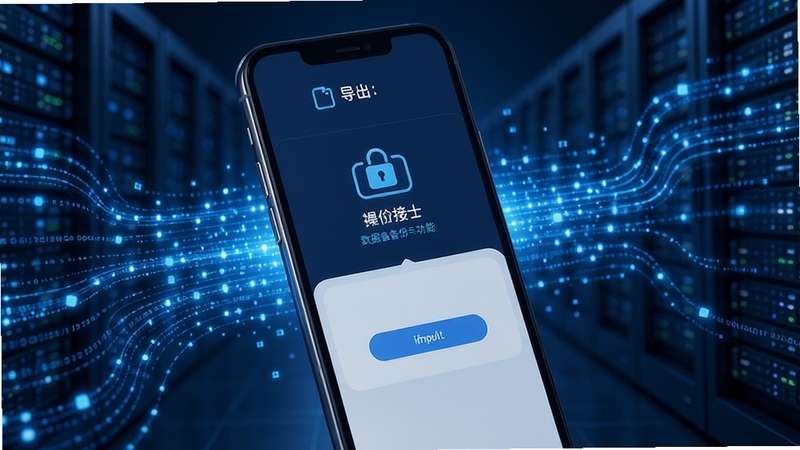 忘否数据备份功能示意图,画面主体为手机屏幕显示导出与导入操作界面,背景为科技感十足的蓝色数据流线条,象征数据安全与传输