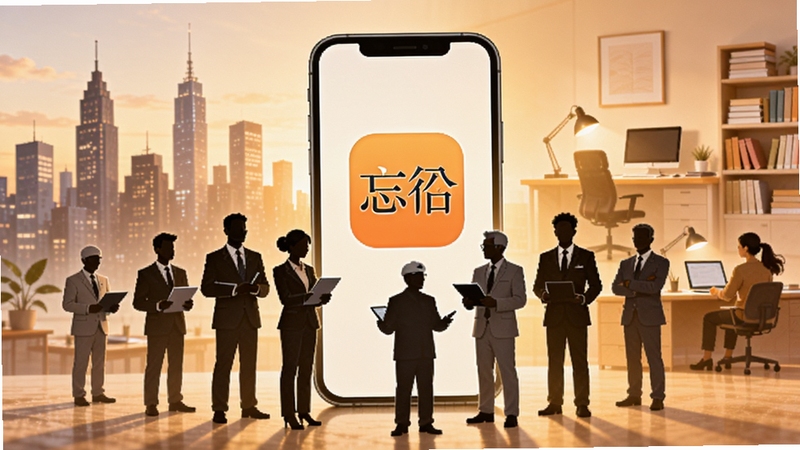 忘否适用人群场景图,画面主体为不同职业人物剪影围绕手机屏幕,屏幕显示忘否应用图标,背景为城市天际线与学习办公场景融合,整体风格温馨积极向上