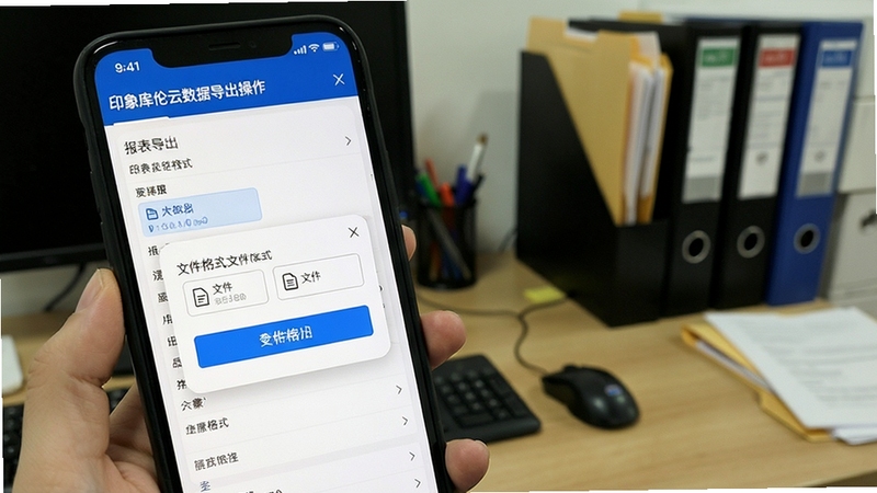 印象库伦云数据导出操作截图,手机屏幕显示报表导出按钮与文件格式选择弹窗,背景为办公桌与文件夹,突出数据管理便捷性