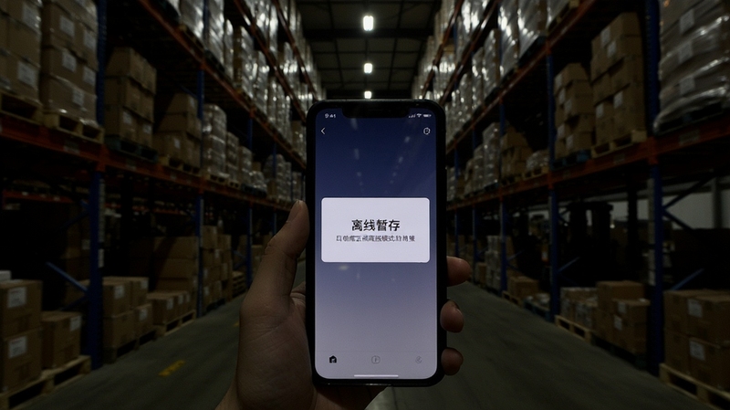 印象库伦云离线模式操作场景,手机屏幕显示离线暂存提示,背景为大型仓库内部通道,光线偏暗但有手机屏幕亮光,突出便捷性