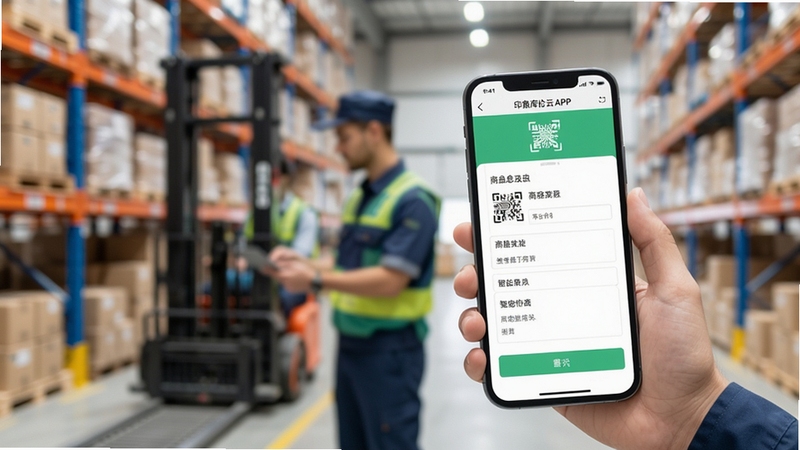 印象库伦云APP智能入库界面展示,手机屏幕显示扫码成功后的商品信息录入表单,背景为仓库工作人员手持手机操作,画面明亮清晰