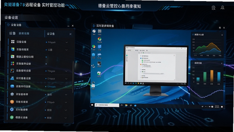 德曼云管控远程设备实时管控功能界面,画面左侧为设备列表,右侧为远程桌面预览窗口,窗口中显示电脑桌面与运行状态图表,背景为深色科技风格,数据线条流动,整体视觉突出远程连接与实时管控概念