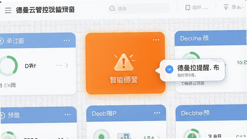 德曼云管控设备状态智能预警界面,画面中显示多个设备状态卡片,其中一张卡片亮起橙色预警标识,旁边有消息气泡提示,背景为浅色网格纹理,整体风格清晰醒目,突出预警与提醒功能