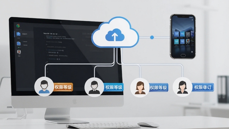 德曼云管控多端协同与权限分级示意图,画面中一台电脑与一部手机通过云端图标相连,云端图标下方延伸出多个用户角色图标,每个角色旁标注权限等级标签,背景为浅灰色办公场景,整体风格商务简洁