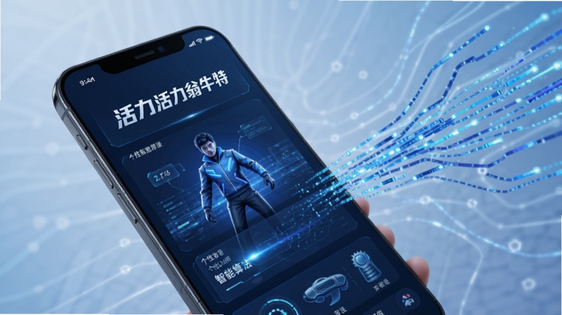 活力翁牛特 个性化推荐 智能算法 手机界面 数据流 科技感 蓝色调 未来风格