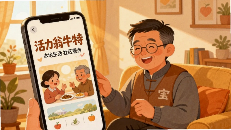 活力翁牛特 本地生活 社区服务 手机屏幕 温馨场景 插画风格 暖色调