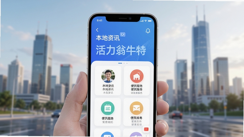 活力翁牛特 手机应用界面展示 主页面 本地资讯 便民服务图标 现代简约风格 城市背景 高清渲染
