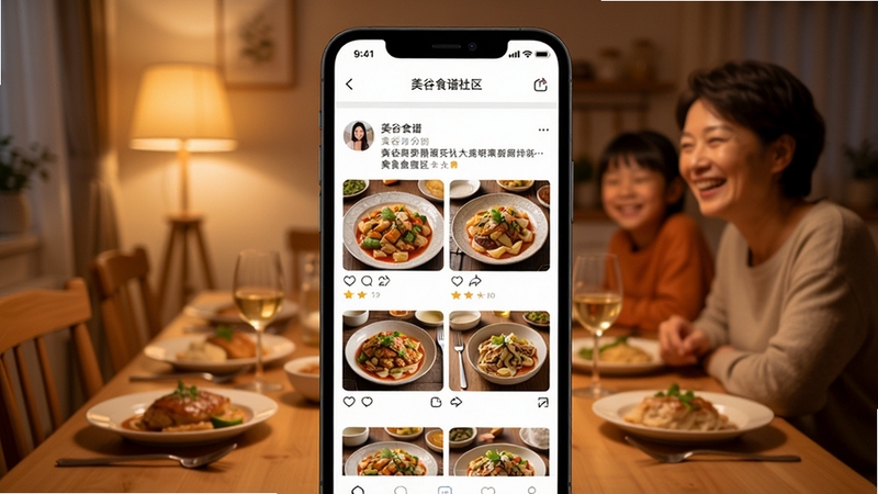 ����ʳ�������������棬����չʾ�ƶ��豸��Ļ�ϵ��û���̬���Ʒ��Ƭǽ������Ϊ��ܰ�ļ�ͥ����������ůɫ���ƹ⣬ͻ��������������ʳ�罻�����÷�Χ