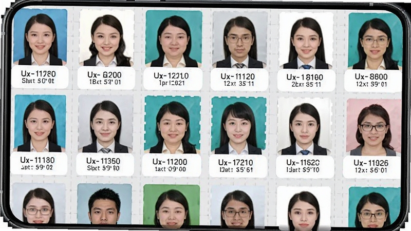 免费证件照王模板库界面截图,画面展示手机屏幕中排列整齐的证件照规格分类标签,包括签证、考试、简历等类别,背景区域为浅灰色网格布局,每个模板缩略图清晰标注尺寸与背景色要求