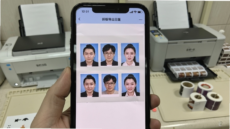 免费证件照王排版导出界面,画面展示手机屏幕中一张六寸相纸上整齐排列八张一寸证件照,背景区域为冲印店工作台场景,旁边放置打印机与相纸,突出排版功能的实用性