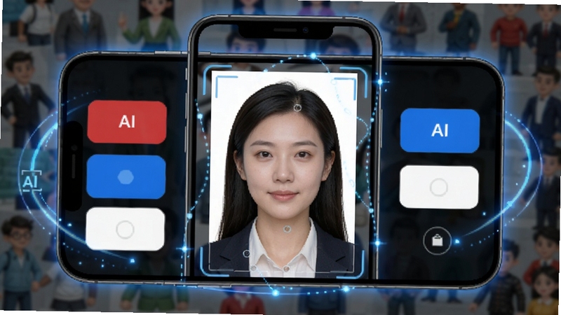 免费证件照王智能抠图功能演示画面,画面主体为一张人物证件照正在从复杂背景中被自动分离,背景区域显示红蓝白三种颜色切换按钮,手机屏幕周围环绕AI识别光效,突出科技感与便捷性