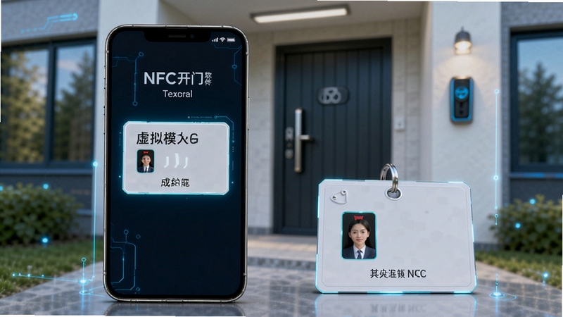 NFC���������Ž���ģ�⹦��չʾͼ���ֻ���Ļ��ʾ�����Ž��������ɣ��Ա߷���һ��ʵ���Ž�����������С����Ԫ�ţ����������ĿƼ����ͻ���ֻ����ʵ�忨