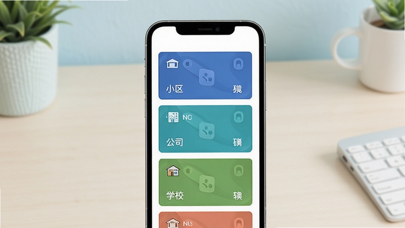 NFC���Ŷ࿨��������չʾ���ֻ���Ļ��ʾ���Ų�ͬ��ɫ�������Ž����������У��ֱ��עС������˾��ѧУ�����ƣ�����Ϊ�������滷��������ǳɫ���ͻ��������������