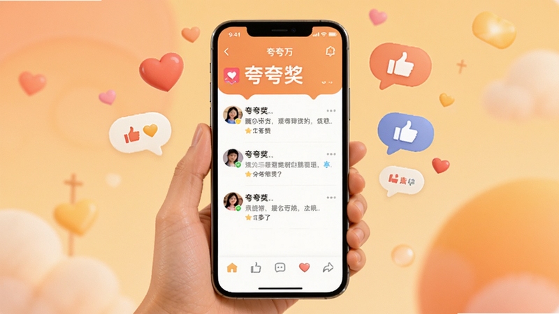 夸夸赞 软件主界面 暖色调社交互动场景 手机屏幕展示点赞与夸奖消息 背景为柔和渐变暖色 画面中心为手持手机展示夸夸赞应用界面 周围环绕爱心与点赞气泡 适配Boogu模型生成