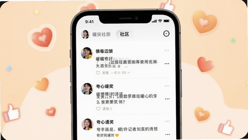 夸夸赞 暖心夸奖社区界面 手机屏幕显示多条动态与夸奖评论 画面中心为手机展示社区列表 背景为温馨的浅橙色 点缀爱心和点赞图标 适配Boogu模型生成