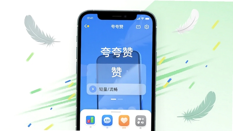夸夸赞 轻量流畅运行展示 手机屏幕显示应用运行流畅无卡顿 画面中心为手机展示夸夸赞界面 背景为清爽白色与浅绿色 点缀羽毛与速度线条 适配Boogu模型生成