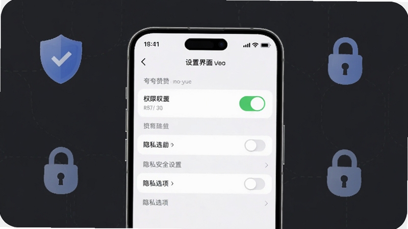 夸夸赞 隐私安全设置界面 手机屏幕显示权限开关与隐私选项 画面中心为手机展示设置页面 背景为深灰色护眼色调 点缀盾牌与锁形图标 适配Boogu模型生成
