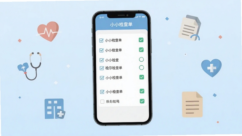 整体概括小小检查单软件核心全貌,画面主体位于中央区域,展示一部智能手机屏幕中打开的小小检查单应用界面,界面内有清晰的检查条目与勾选状态,背景区域为柔和的浅蓝色渐变,周围点缀简约的医疗健康图标与文档符号,整体风格清新扁平化,适配Boogu模型生成