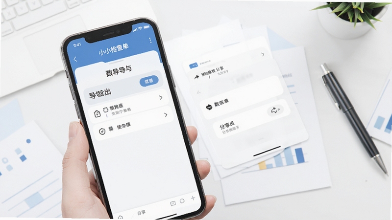 小小检查单数据导出与分享功能,手机屏幕显示导出选项与分享面板,背景为简洁的办公桌面,有纸张与笔的简约插画,整体风格商务清新